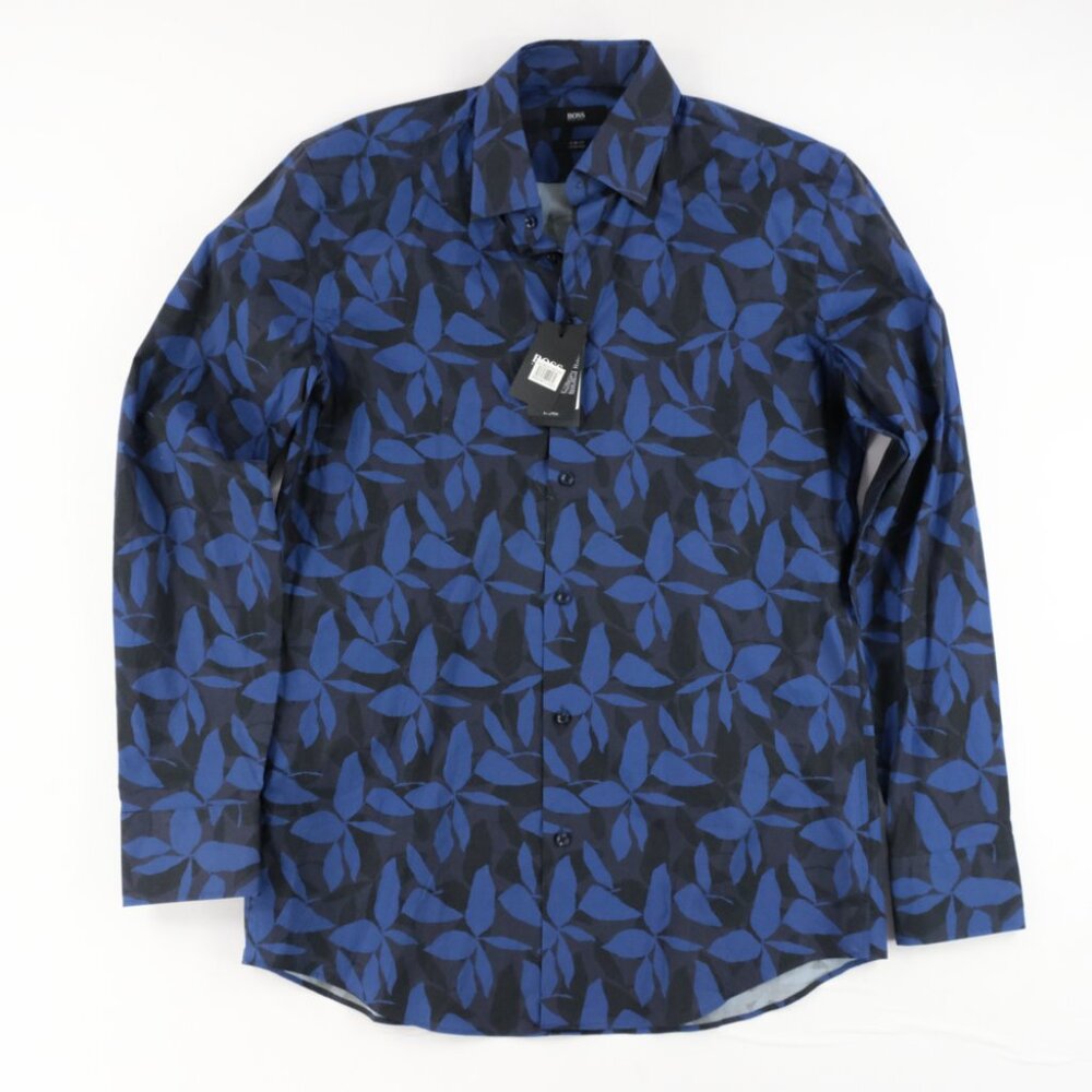 Hugo Boss Long Sleeve Button Up Blue Flower Shirt Collar Shirt Medium $138